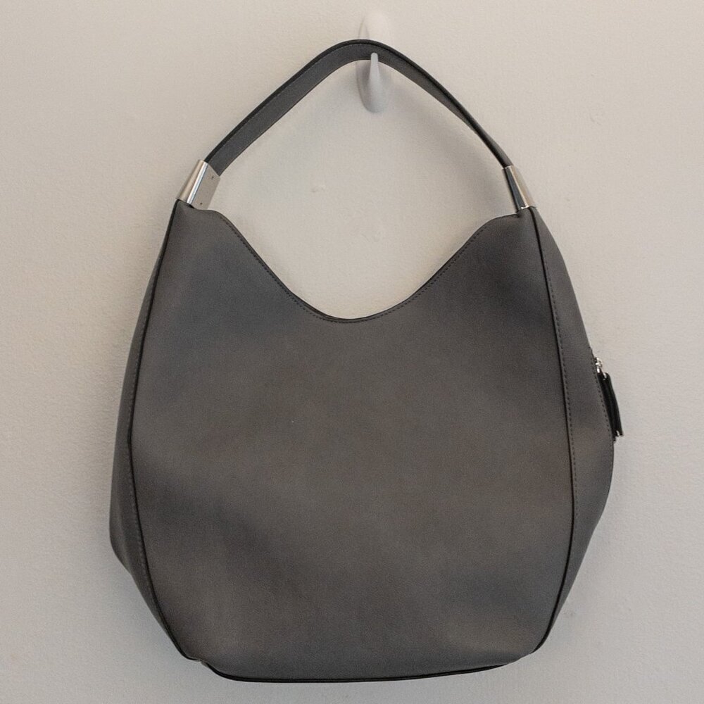 Alfani Gray Faux Leather Hobo Shoulder Bag | Slouchy Modern Tote - Picture 2 of 6